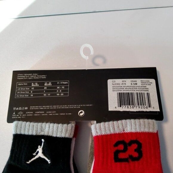 Jordan Baby 6 Pack Lightweight Ankle Socks~ Gray, White, Red & Black 6-12 Months - Picture 5 of 5